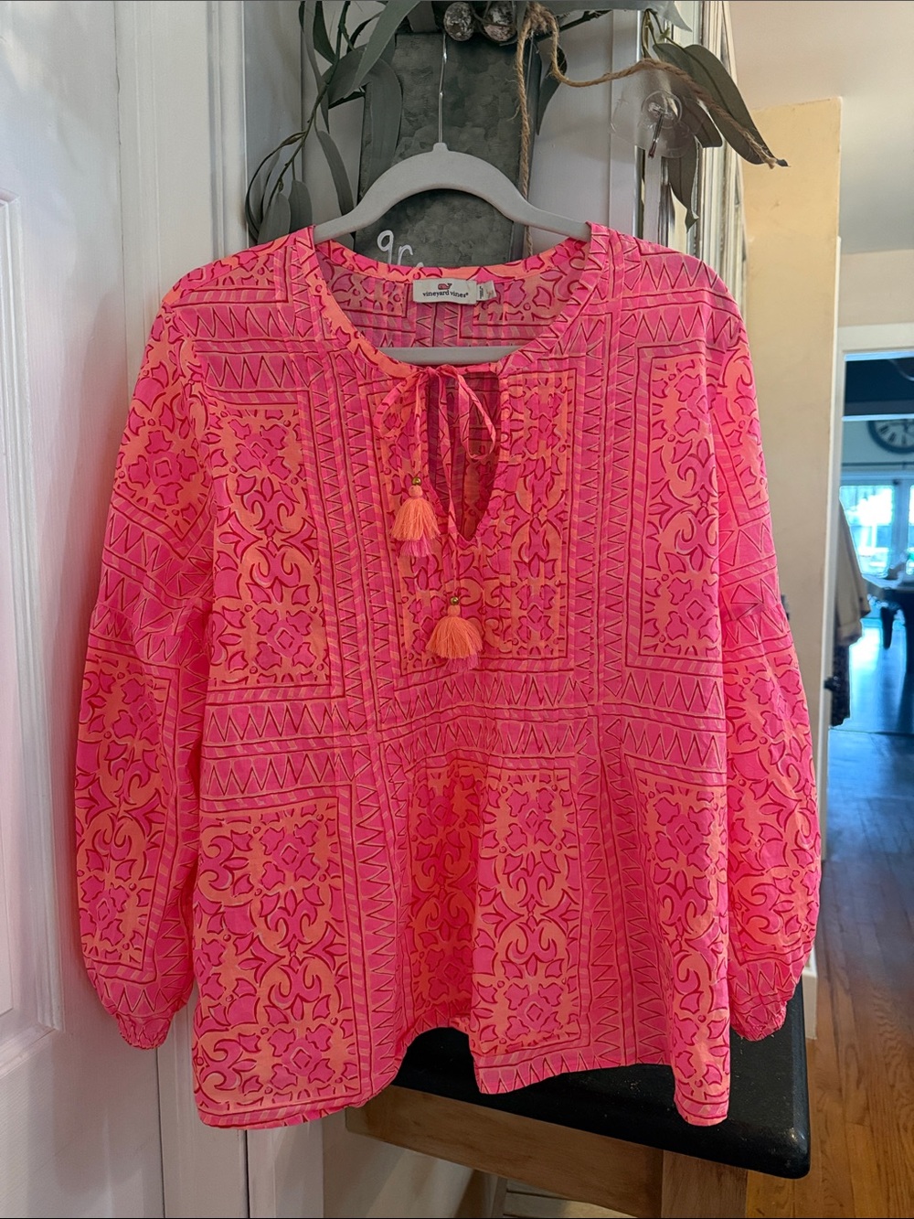 Vineyard Vines Neon Pink & Orange Embroidered Tassel Tunic